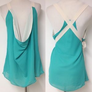 TEAL CREAM DOUBLE SIDED COLOR BLOCK COWL NECK TIE WAIST VERSATILE MEDIUM